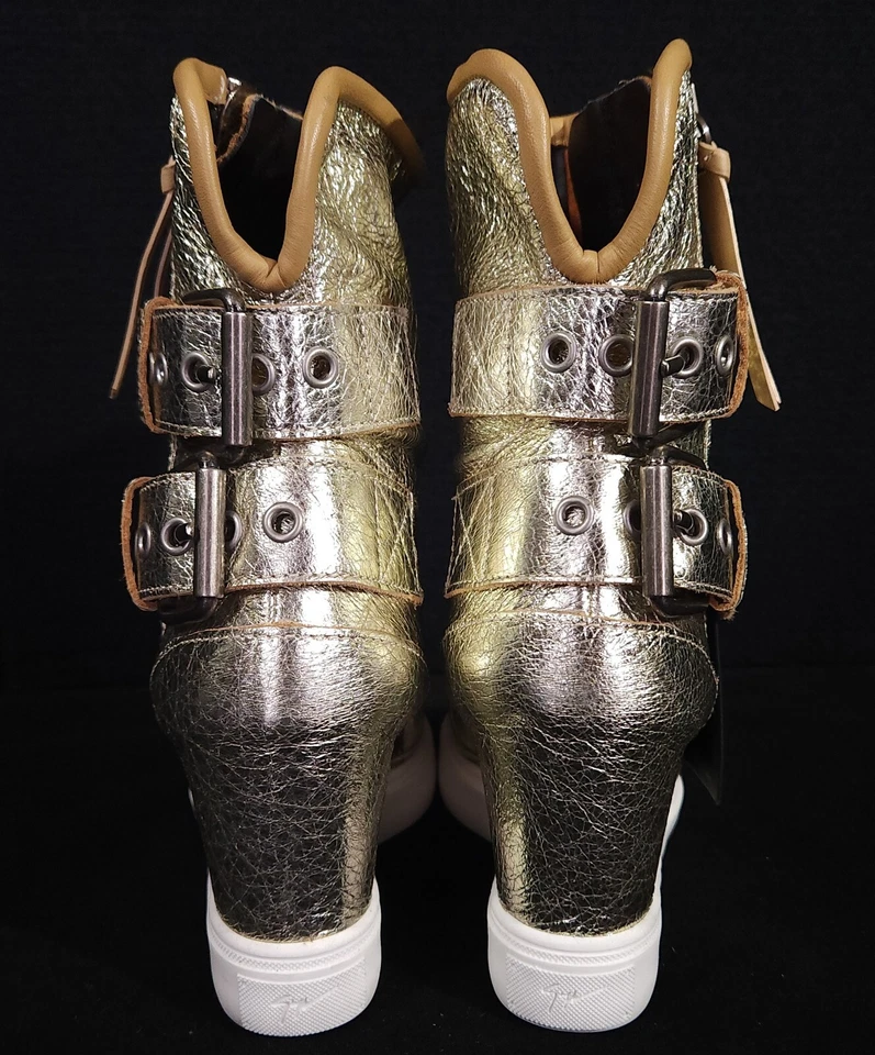 Giuseppe Zanotti Buckle Wedge Leather Sneaker 36 6 Gold Metallic High Top - Image 4 of 4
