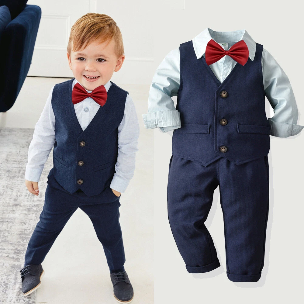 Kids Baby Boy Suit Clothes Gentleman Wedding Formal Vest Tie Shirt Pant 4PC  Set