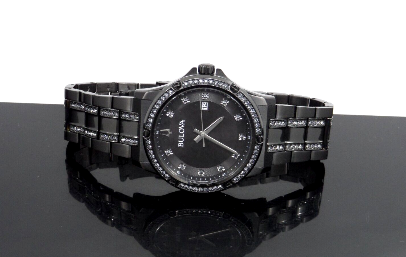 BULOVA 98B426 Crystal Accented Date Black Dial Stainless Steel Band Men's Watch