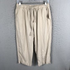 Vintage Erika Pants Womens Large Tan Linen Blend Embroidery Crop Beach Casual