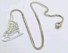 Ice Skate Pendant Christmas Necklace 18 in Silver tone PAVE