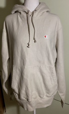 Champion Reverse Weave Beige Hooded Long Sleeve Kangaroo Pocket Sweatshirt Sz M