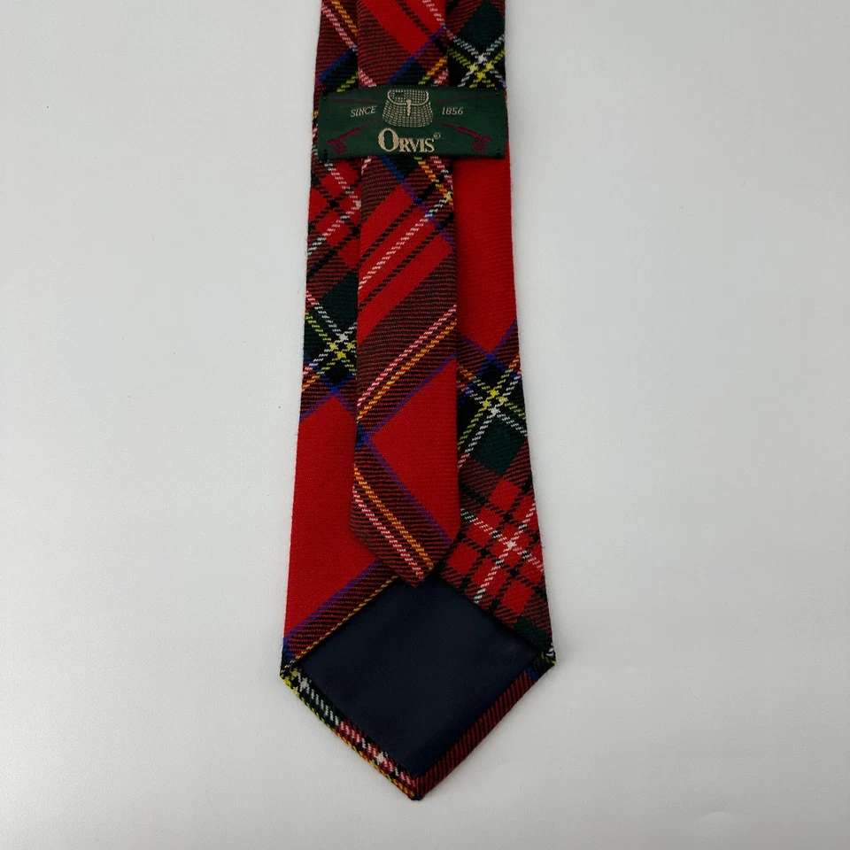 Corbata de lana pura vintage Orvis tartán rojo verde azul 56" X 3,5" hecha en Irlanda Foto 3 de 4