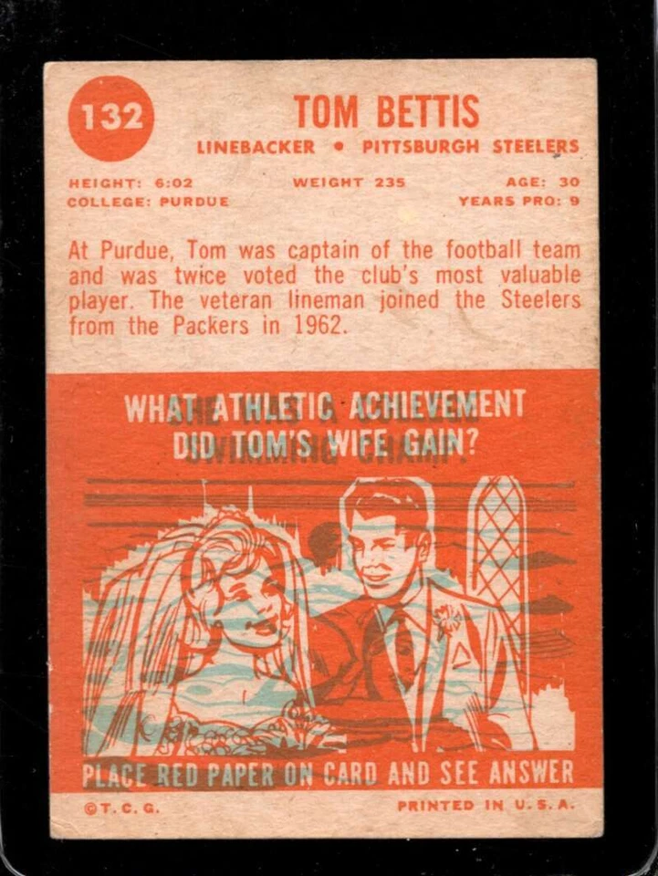 1963 TOPPS #132 TOM BETTIS VGEX SP STEELERS (PURPLE SKY) *SBA9931 - Image 2 of 2