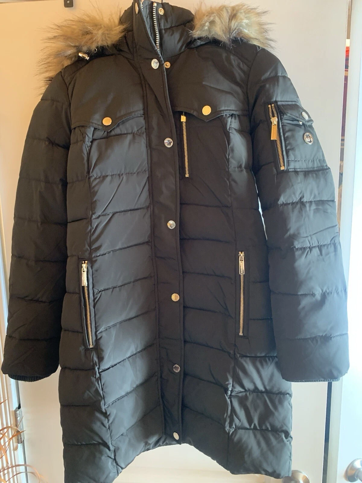 Michael Kors giacca puffer verde oliva XS cappuccio pelliccia sintetica