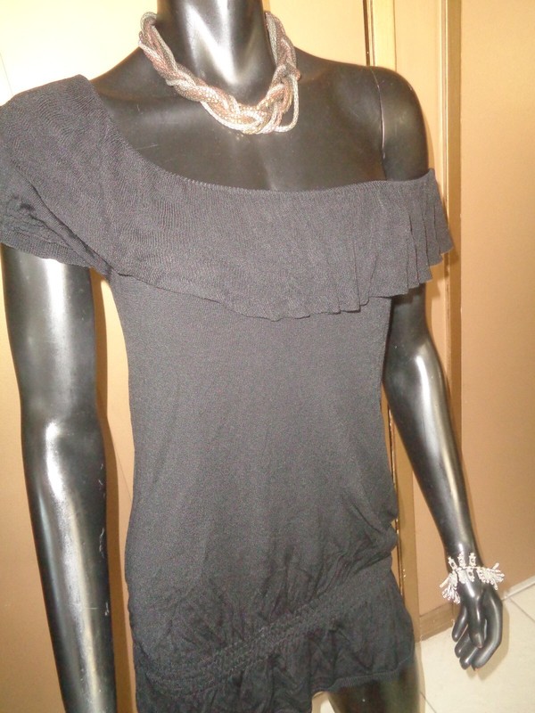 Cache, S, BLACK, RIBBED ON-OFF  NECKLINE RUFFLE, LOWER ELASTIC, MINI DRESS/TOP