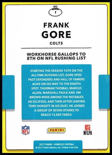 Panini Donruss Highlights 2017 Frank Gore #1 Indianapolis Colts 🏈 - Imagen 2 de 2