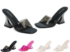 Clear Heeled Sandals Transparent Chunky Block Heels 3.8 Inch Backless Slippers