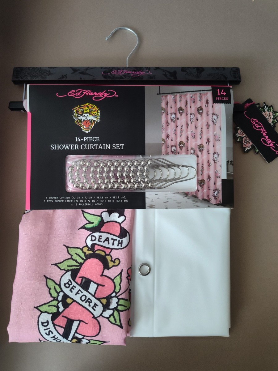Ed Hardy Shower curtain set Death Before Dishonor Pink Skull Rose