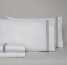 BOLL BRANCH Queen Banded Sheet Set - White w/ Pewter Organic Cotton NWOT