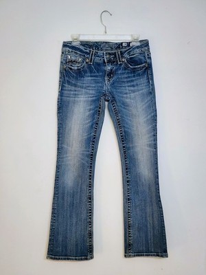 Miss Me Jeans Womens 28 Blue Faded Denim Low Rise Boot Cut Thick Stitch Cowboy