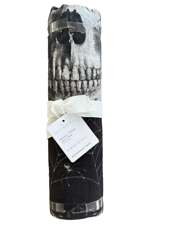 Pottery Barn Skull Toile Organic Cotton Table Throw 50"x50" MSRP $99 NWT - Image 2 of 4