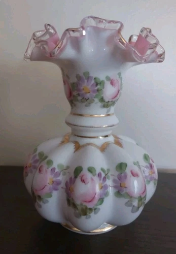FENTON CHARLETON ROSES MELON HAND PAINTED VASE PEACH BLOW w SILVER CREST GOLD