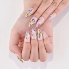 evpct Nude Pink Press on Nails Medium Almond with Lavender Flower Design, Ful...