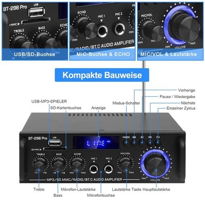 BT-298Pro HiFi Stereo Verstärker Bluetooth FM-Radio Audio Amplifier USB Karaoke
