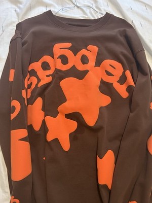 Sp5der Men s Brown/Orange Pullover Crewneck Graphic Print Sweatshirt XXL