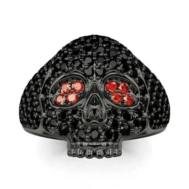 Anillo de Halloween con calavera de zafiro rosa simulado de corte redondo de 3 quilates enchapado en oro negro de 14 k Foto 2 de 4