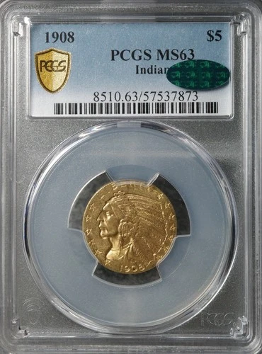 1908 Indian Head $5 Gold Half Eagle PCGS MS63 CAC Green Sticker