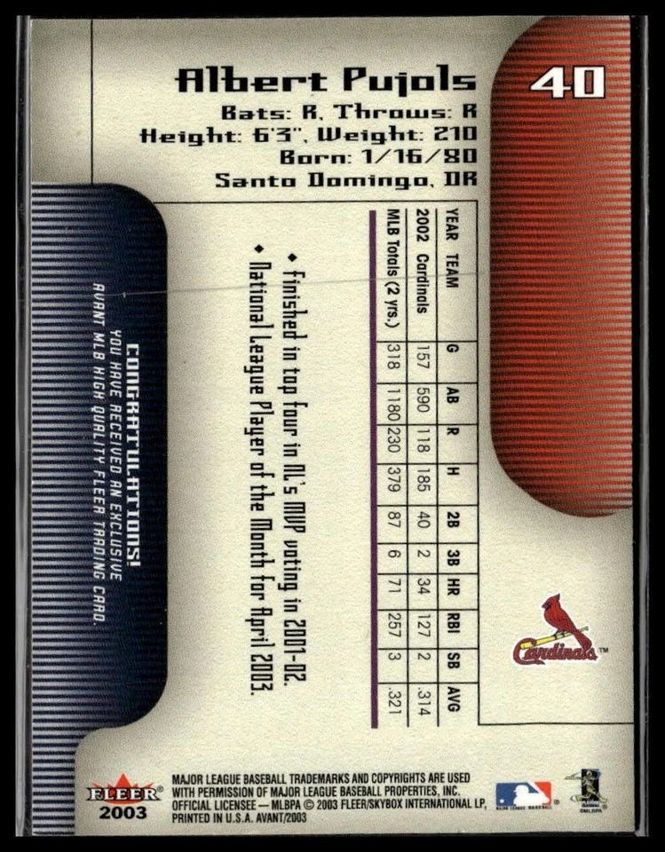2003 Fleer Avant #40 Albert Pujols - Image 2 of 2