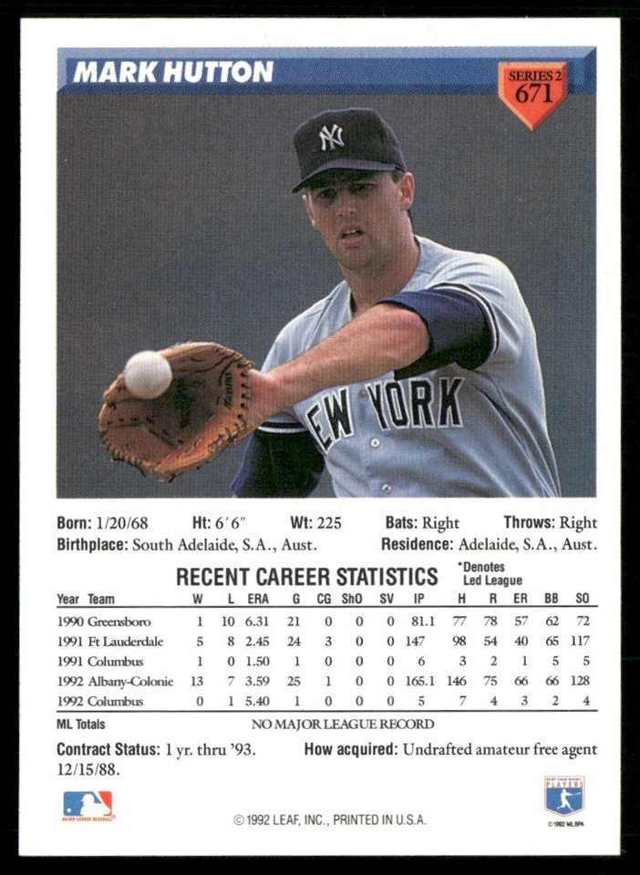 1993 DONRUSS SERIES 2 MARK HUTTON RC NEW YORK YANKEES #671 - Image 2 of 2
