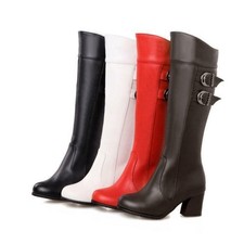 Women's Blcok Heel Knee High Riding Boots side zip Buckle Strap shoes knight