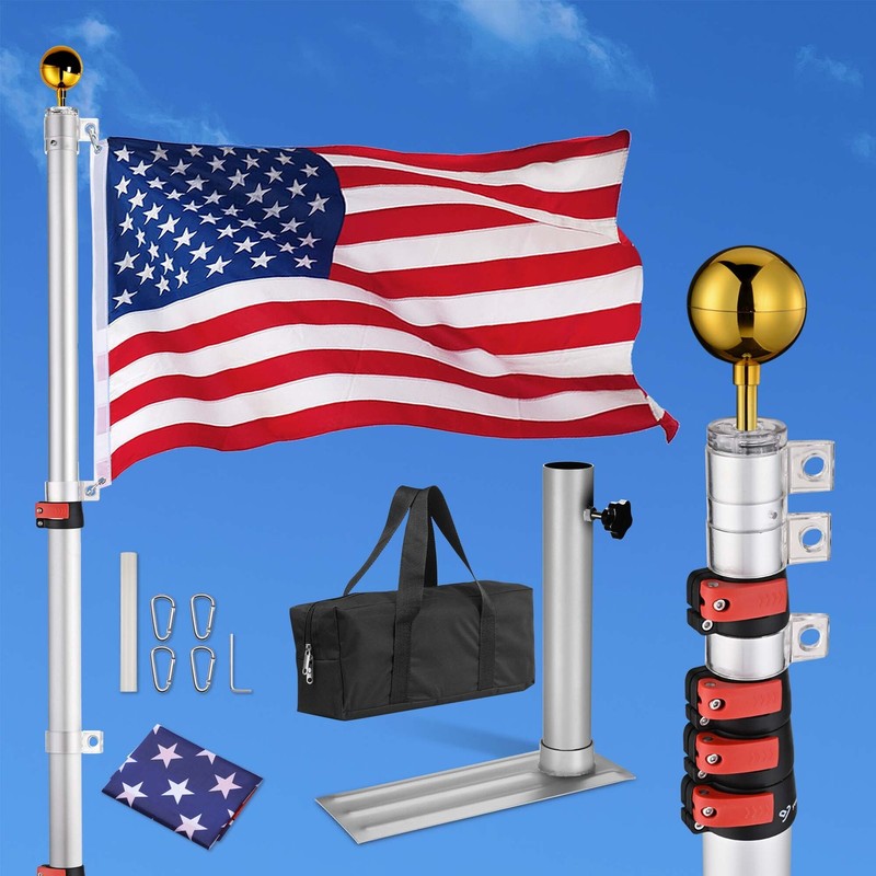 25 ft Telescopic Flagpole 3'x5' Flag Ball Kit Tire Mount Stand Aluminum Outdoor