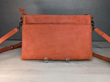 ABLE Raw Leather Crossbody Bag / Purse Top Zip Multiple Pockets 11" x 7" 