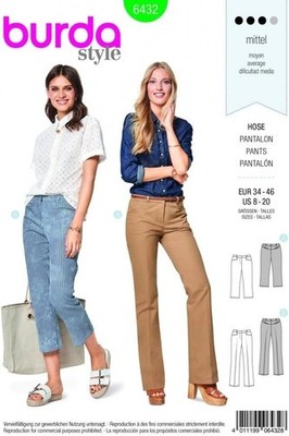 Burda Sewing Pattern 6432 Pants Trousers Cropped Misses Size 8-20