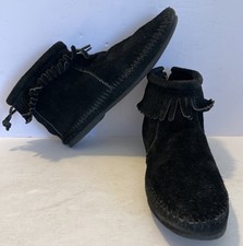 Minnetonka Back Zip Ankle Booties Black Suede Women's Size 7.5 Fringe Moccasin