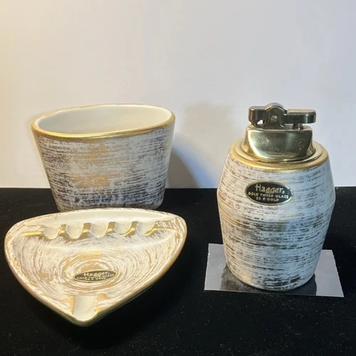 Haeger Gold Tweed Glaze Ceramic Ashtray Set Triangular Glossy Decorative USA