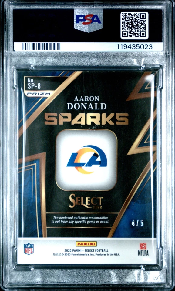 2022 PANINI SELECT SPARKS RELICS GREEN PRIZM #SP8 AARON DONALD 4/5 PSA 8 - Image 2 of 2