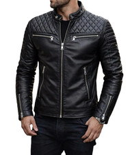 Men's Black Genuine Lambskin Leather Quilted Cafe Racer Jacket Moto Biker Coat