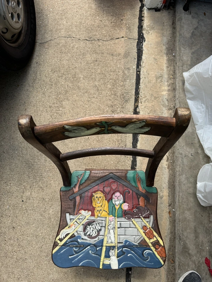Silla metamórfica vintage temática del Arca de Noé arte popular escalera tallada a mano roble Foto 3 de 4