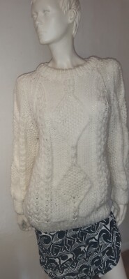 Hand gestrickter Wollpullover Strickmuster, wollweiß, Gr.38