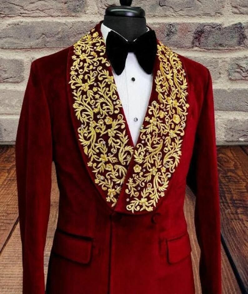 Red Velvet Men's Blazer Gold Embroidered Shawl Lapel Casual Wedding Groom Jacket - Picture 3 of 7