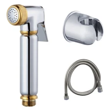 Chrome+Gold Brass Toilet Bidet Sprayer Set W/Zinc Wall Holder 1.2m Shower Hose
