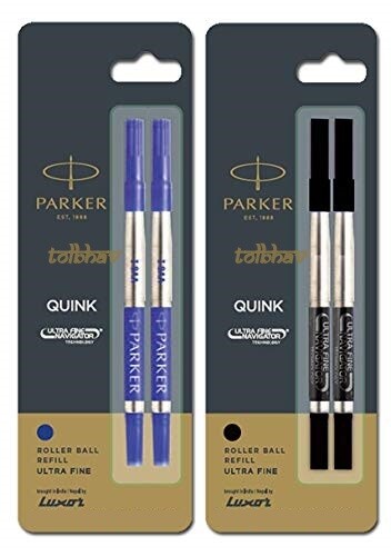 Parker Quink Roller Ball Pen Rollerball Refill Ultra Fine 2 Blue + 2 Black Combo - Foto 1 di 3