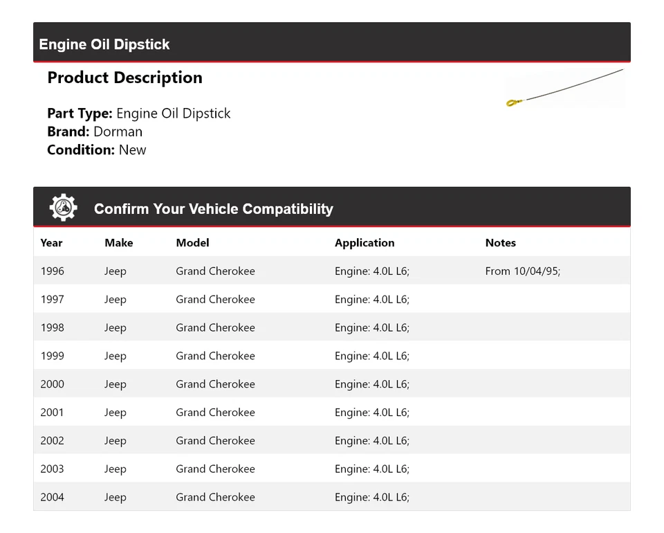 Varilla de medición de aceite de motor Dorman L6 4,0 L 1996-2004 Jeep Grand Cherokee 1997 1998 Foto 2 de 4