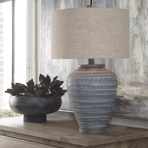 Rustic Bohemian Round Aqua Blue Gray Table Lamp | Ceramic Vintage Style Cottage - Picture 3 of 10