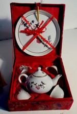 Vintage Chinese 7 Piece Child's Tea Set Chinese Blossom in Silk Red Box. New