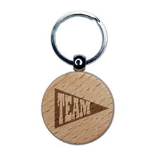 Team Sport Flag Engraved Wood Round Keychain Tag Charm