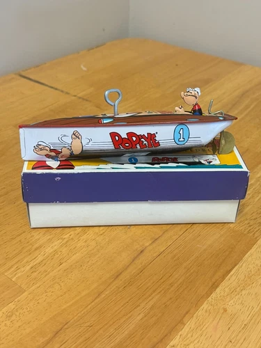 Schylling, 1996 Popeye Wind-Up Tin Toy Speedboat w/Collector's Box NICE