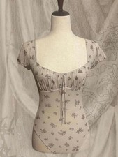 Beige Pink Green Floral Short Sleeve Women's Regular Bodysuit with Tie Front