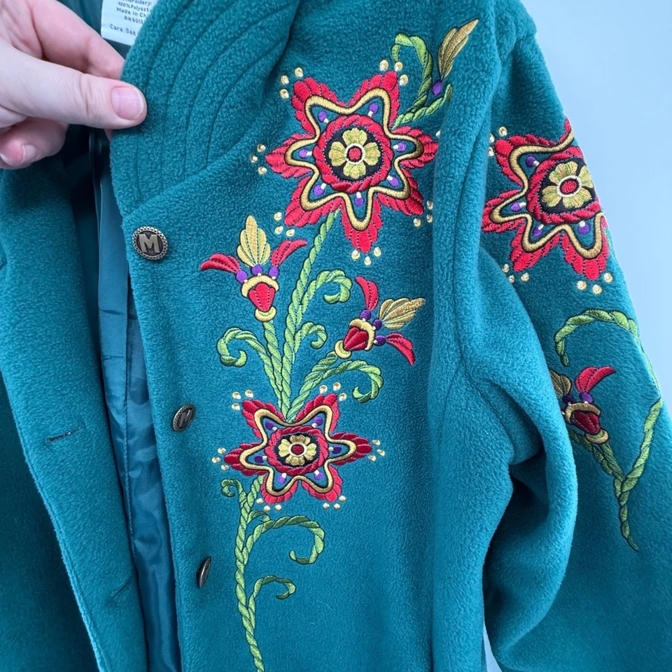 Bob Mackie Wearable Art Teal Embroidered Floral Jacket Boho Western Large - Image 3 of 4