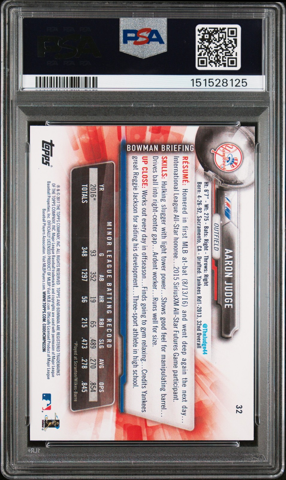 2017 BOWMAN #32 AARON JUDGE ROOKIE RC PSA 10 view 2