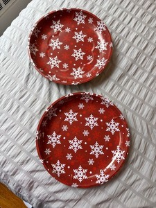 Winter Snowflake Plates - Metal Serving Trays - Red & White, Set of 2