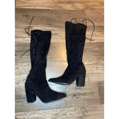 #ad Lulus Lundrah Black Tall Heeled Boots Vegan Suede Fall Holiday Witch Knee High 8 $31.45