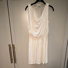 Ivory Jersey Cowl Neck Sleeveless Short Sundress, Pleated Strappy, Party