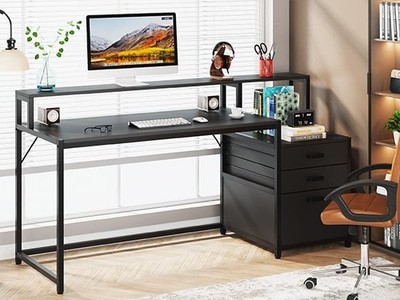63 Inch Ergonomic Office Computer Desk with File Cabinet and Monitor Stand-Black