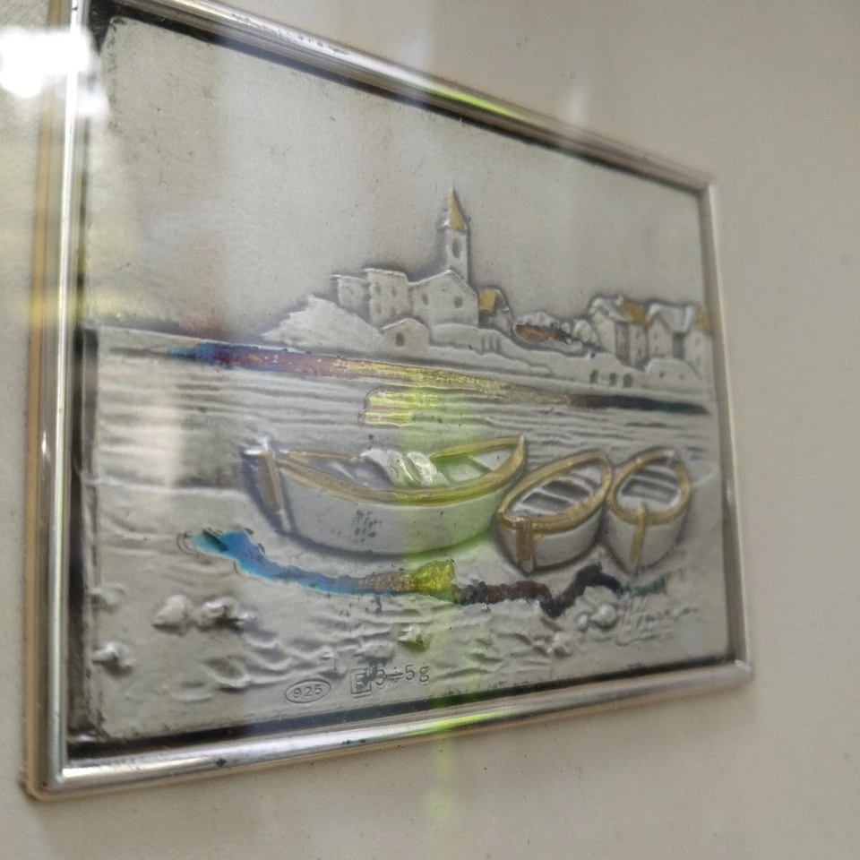 Quadro bassorilievo in argento 925 R 3/5 g Lastra Barche Mare Marina Iridescente - Immagine 4 di 4